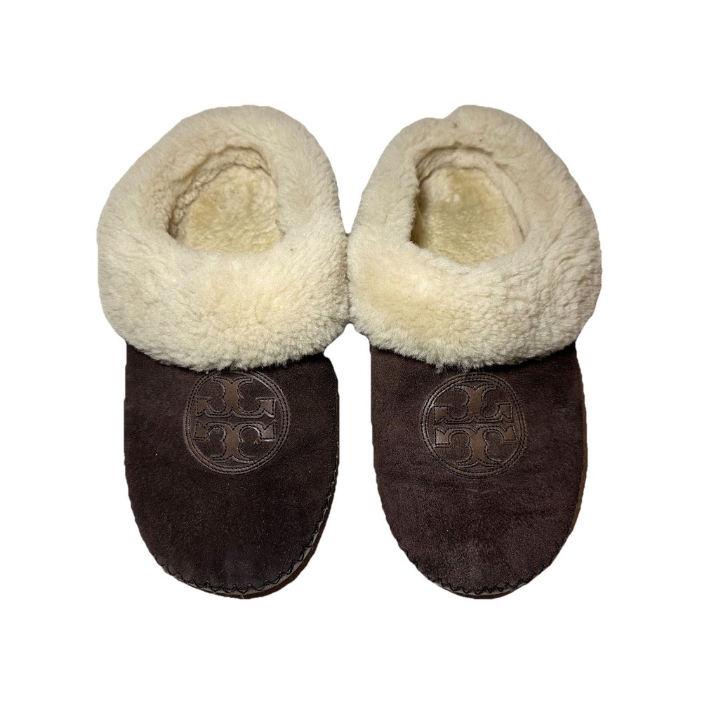 Tory Burch Women's 7.5 (10") Brown Suede Shearling Lined Slip on Logo Slippers